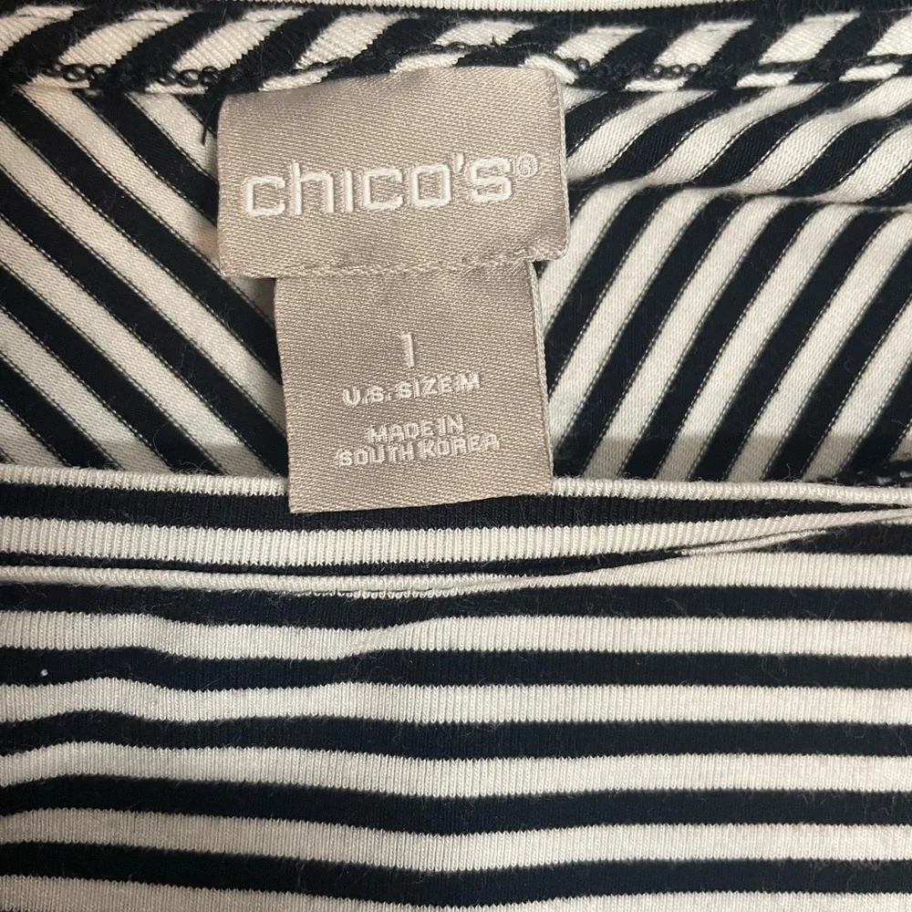 Chico’s black & white striped tunic, scoop neck 3/4 sleeve high/low tunic size 1